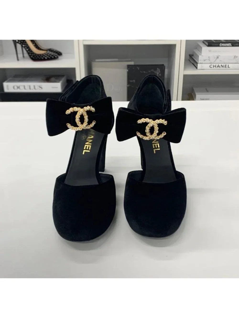 Chanel CC Logo Ribbon Velour Pearl Velcro Strap Pumps Heel